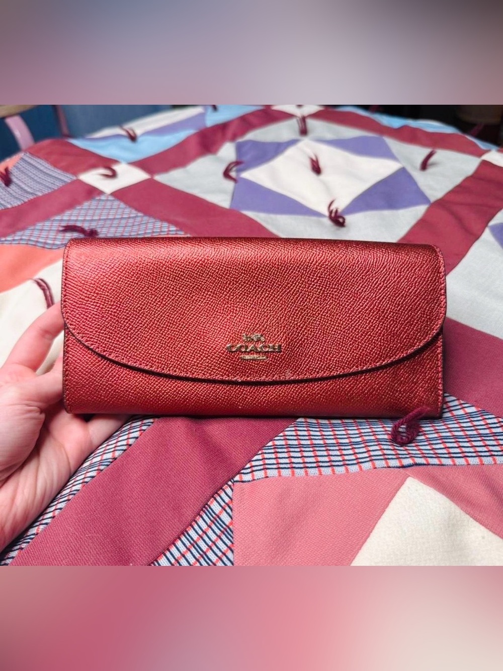 Coach Metallic Long Wallet Red/Burgundy Classic Style